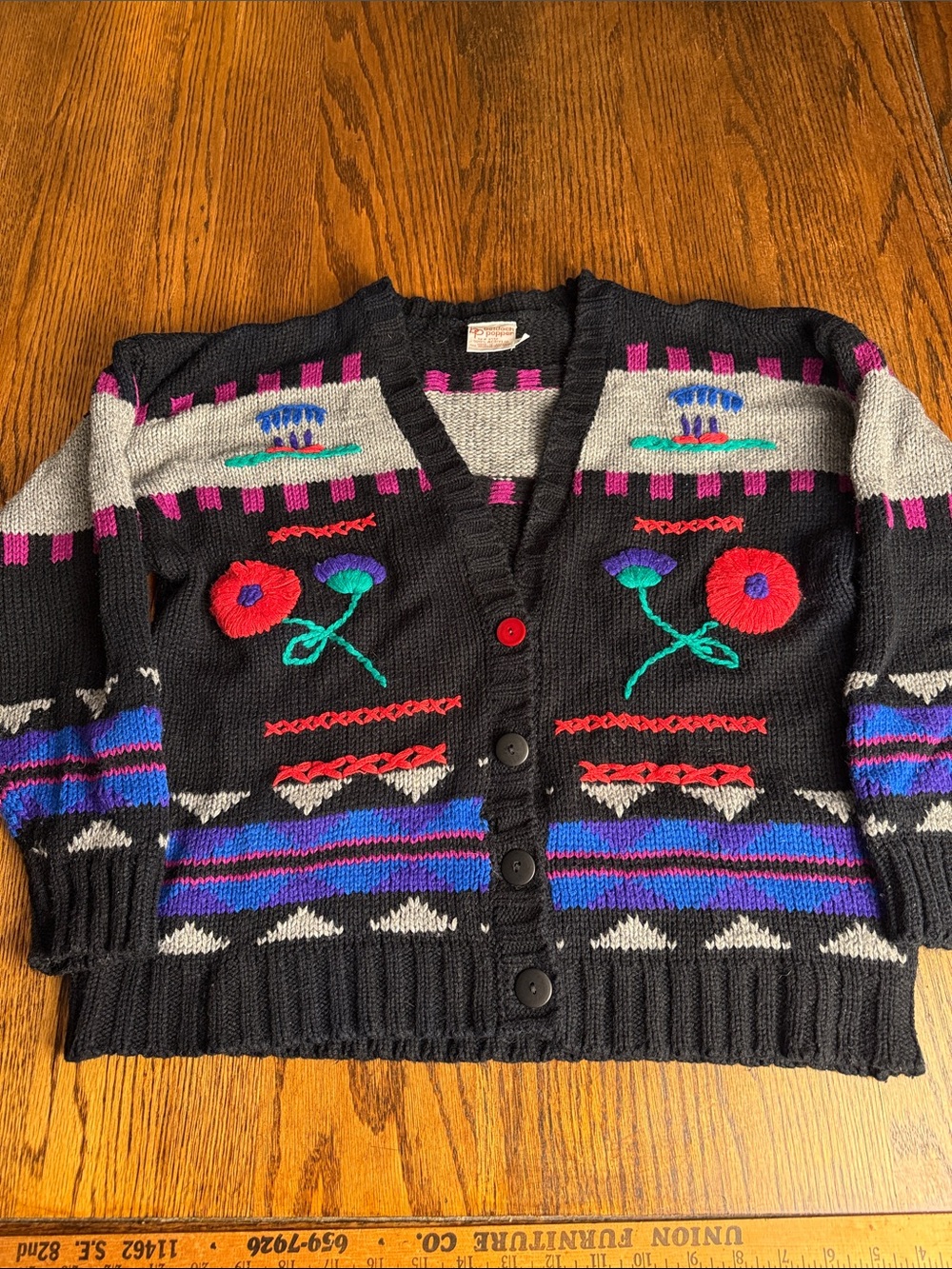Vintage 80s Grandma Cardigan Floral Embroidered Black Sweater Size L